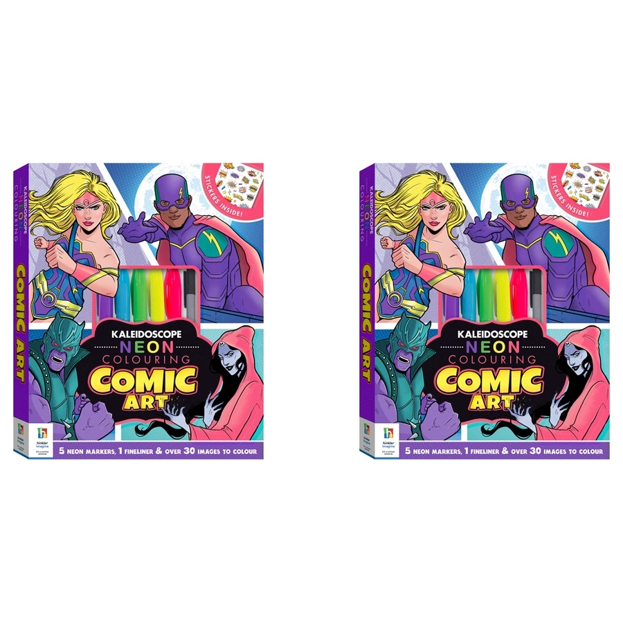 2x Kaleidoscope Neon Colouring Kit: Comic Art Colouring Activity Kit Book 6y+