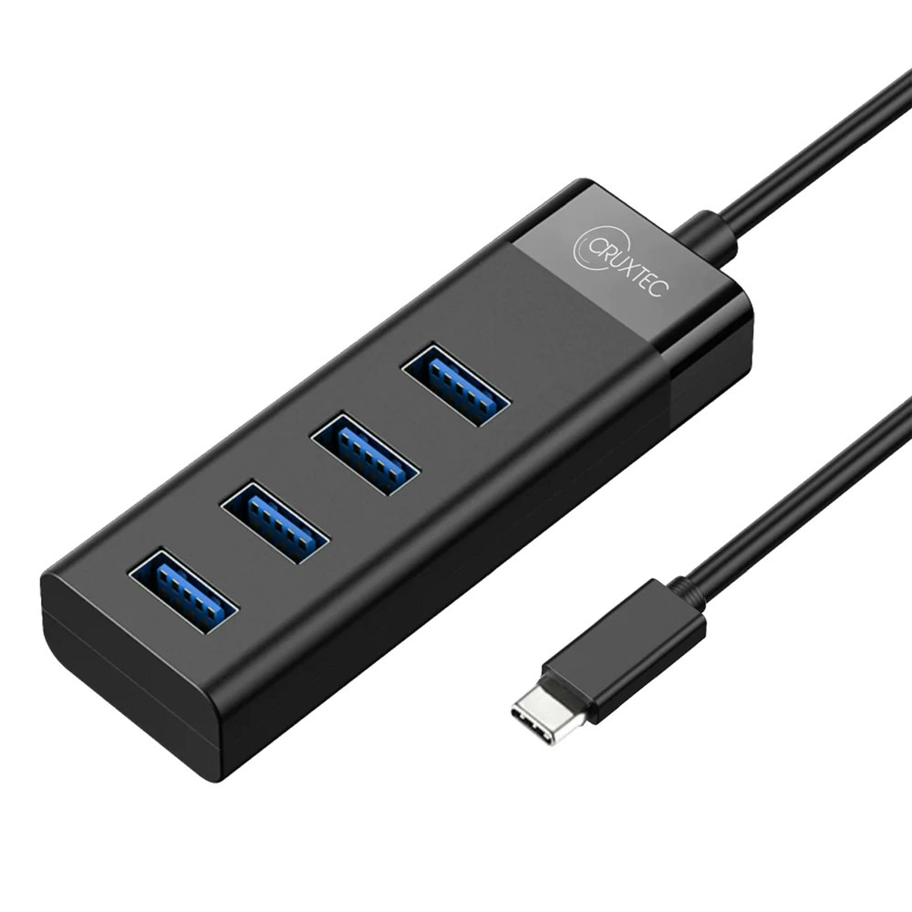 Cruxtec CU3-H4-BK 4 Port High Speed USB-C 3.0 Hub 5V Flexible 15cm Cable Black