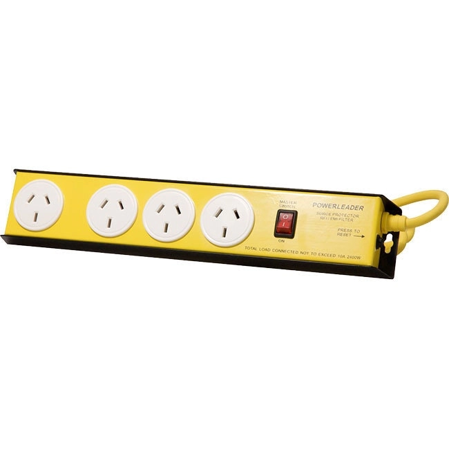 PowerLeader 4-Way Outlet Heavy Duty Powerthrough Powerboard 4 Sockets Yellow