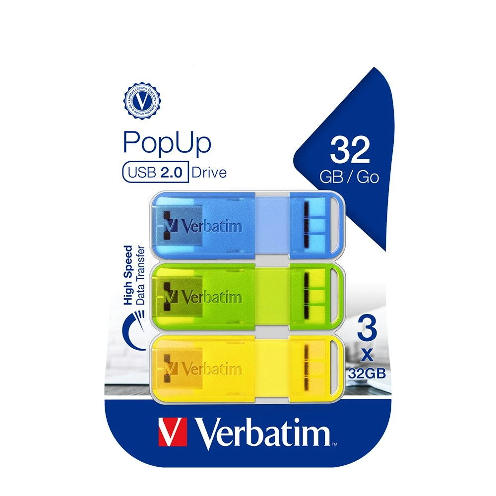 3pc Verbatim Pop-Up USB Sticks 2.0 32GB Triple Pack Bright Colours 57x9mm Assort