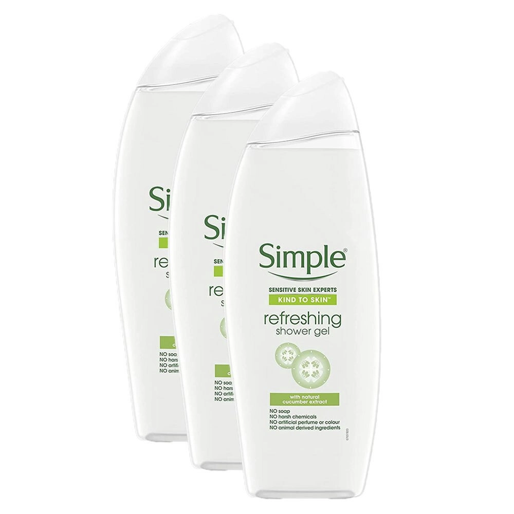 3x Simple 500ml Refreshing Shower Gel w/ Natural Cucumber Extract Sensitive Skin