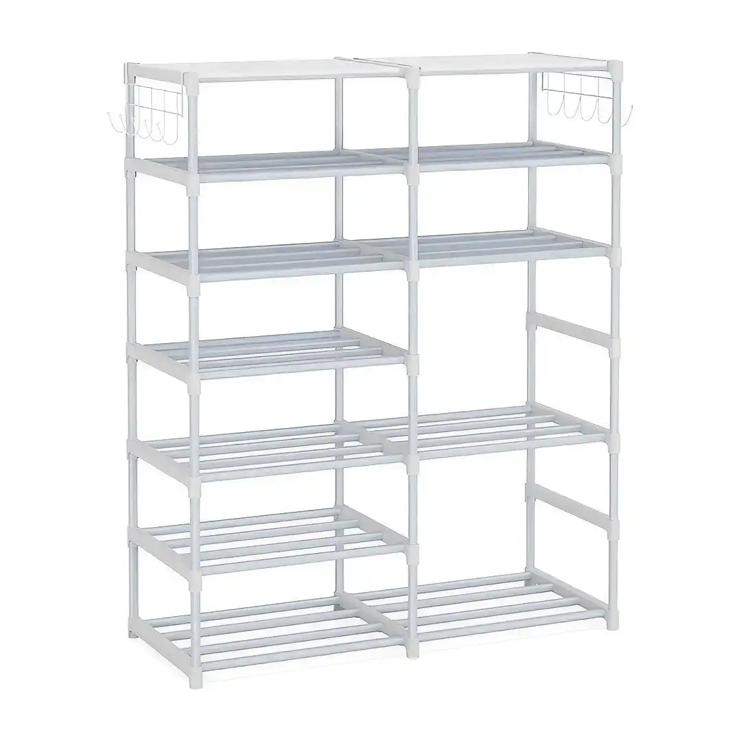 Soga 12-Shelf Tier Shoe Storage Shelf Space-Saving Caddy Rack Organiser with Side Hooks White