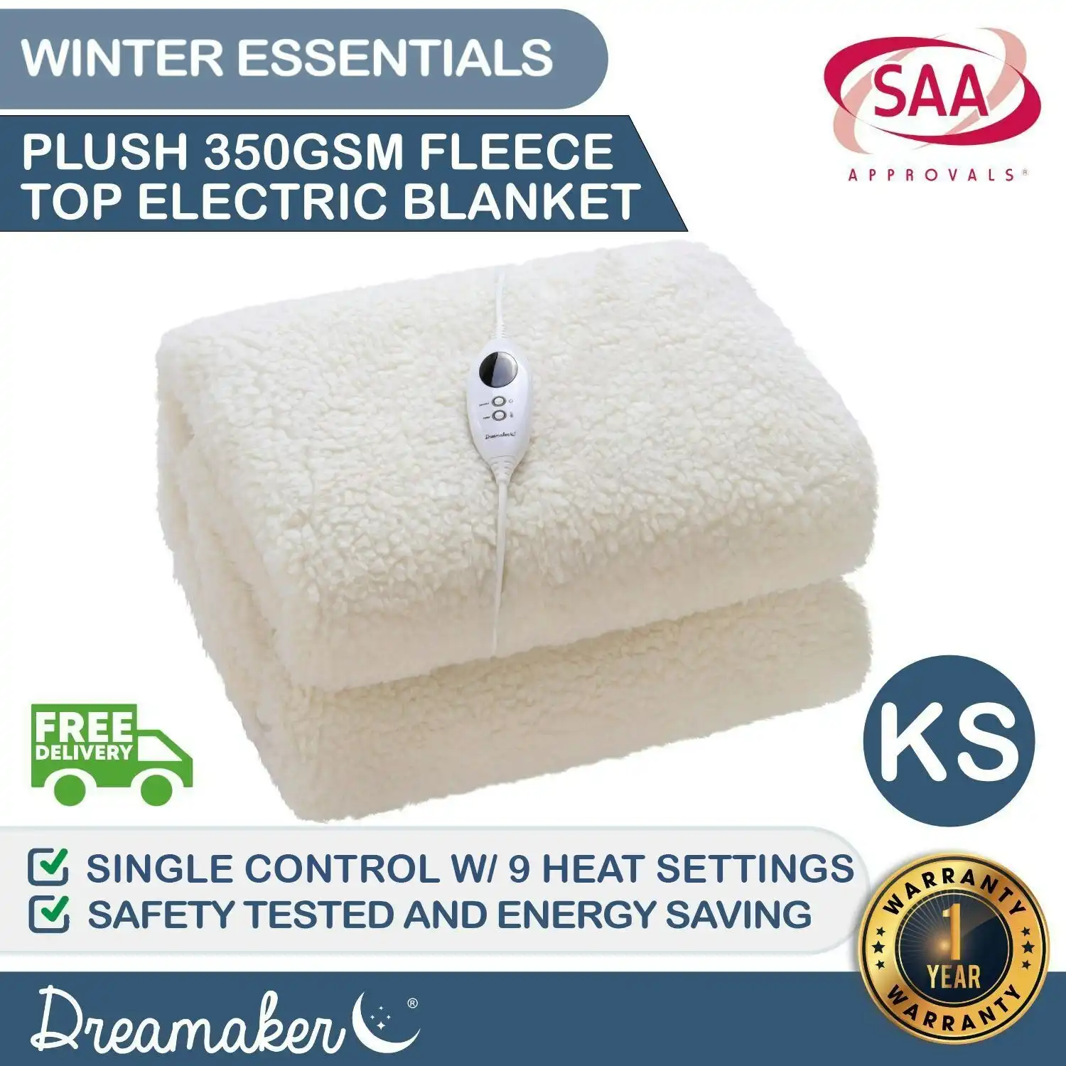 Dreamaker 350 Gsm Fleece Top Electric Blanket King Single Bed