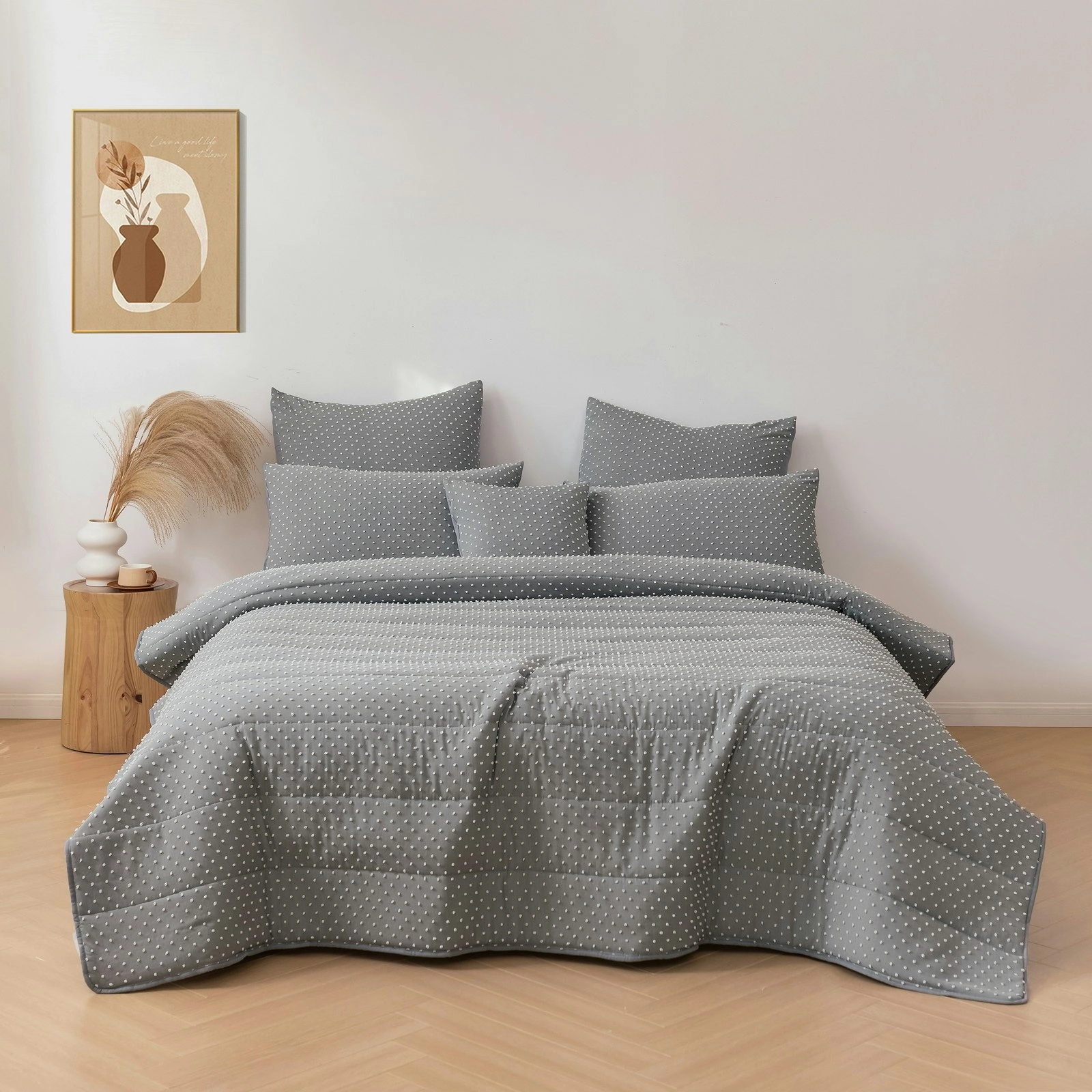 Dreamaker Finley Dot 6 Piece Comforter Set Charcoal King Bed