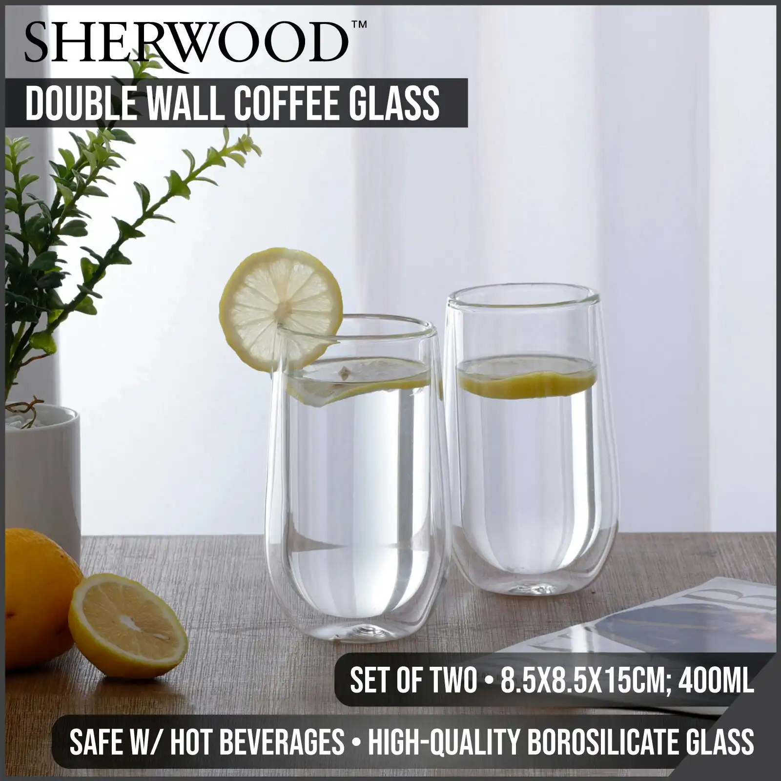 Sherwood Home Double Wall Coffee Glass Set of 2 x 400ml Cups