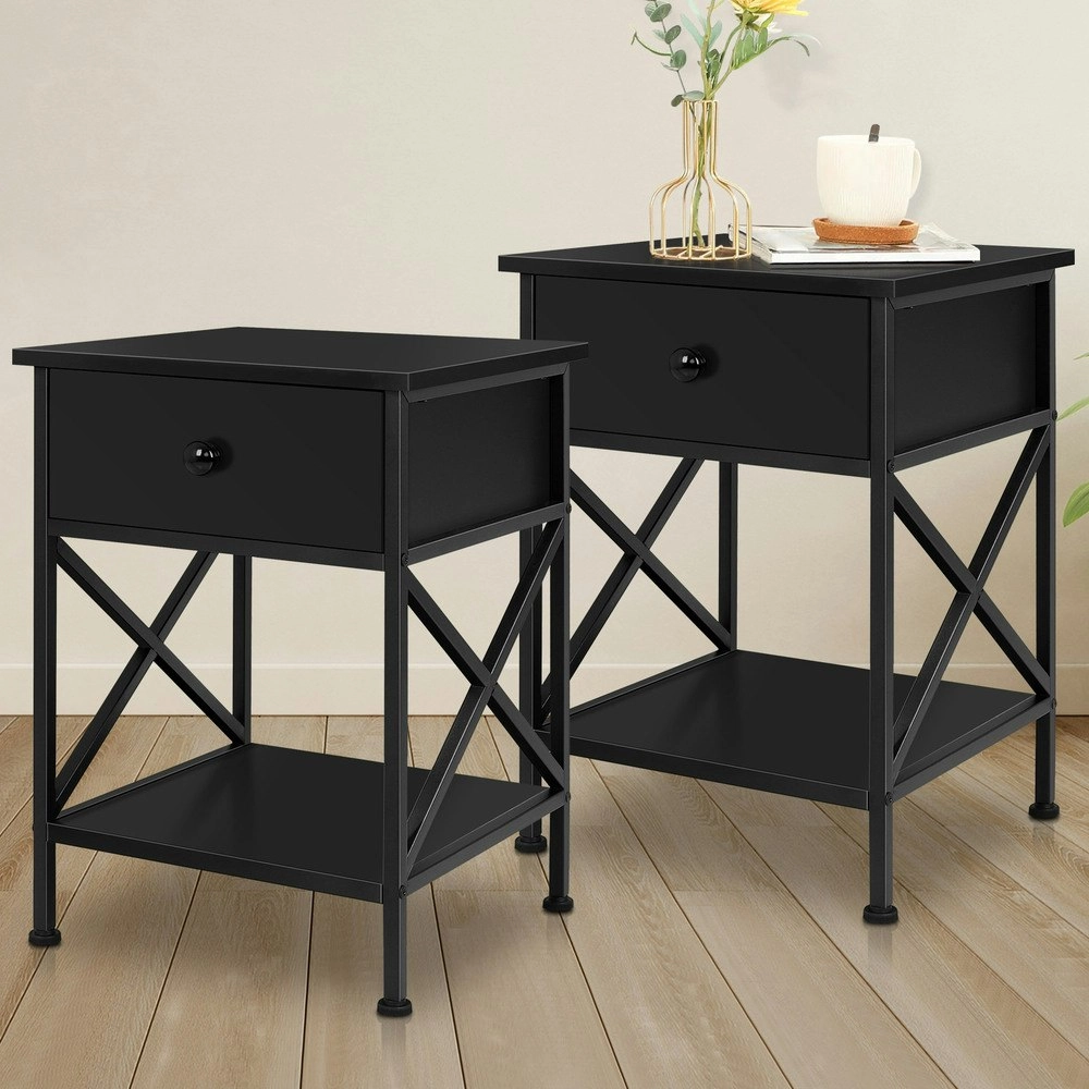 Alfordson 2x Bedside Table Retro 1 Drawer Black