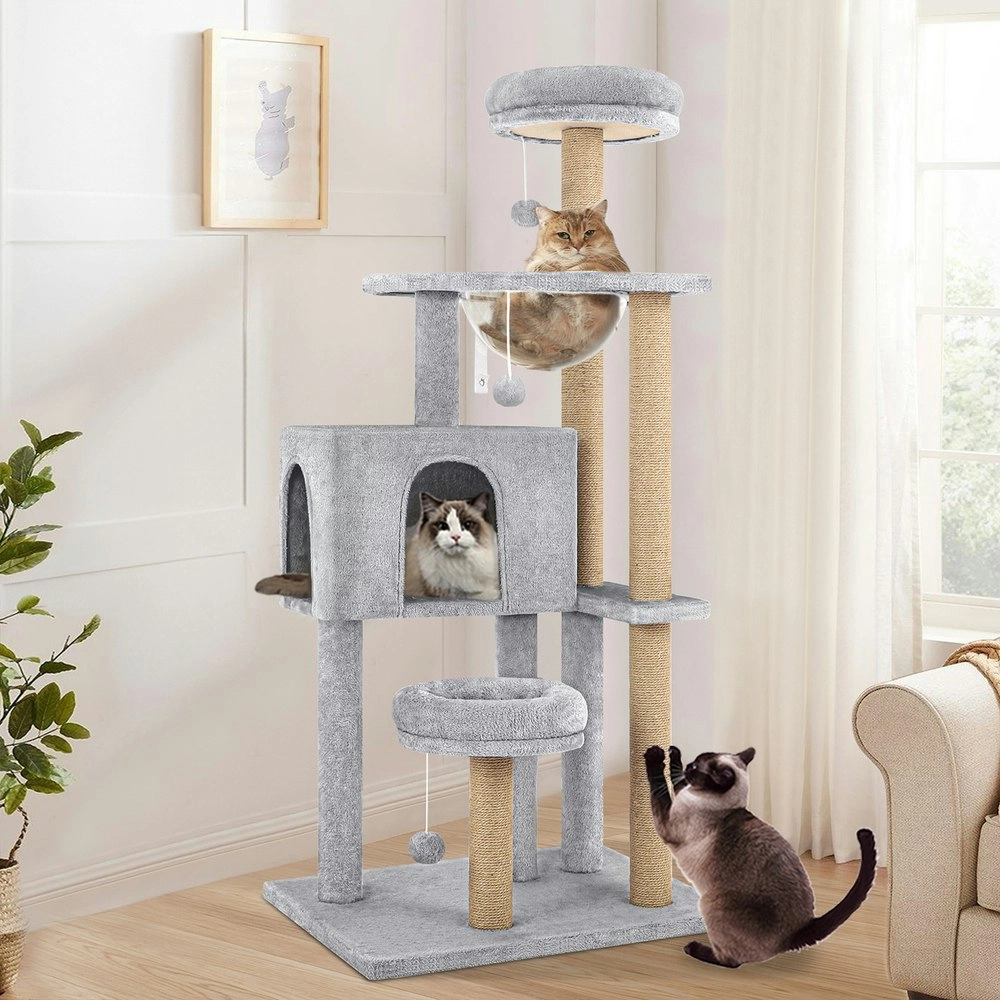 BEASTIE Cat Tree 140cm Grey Tower Scratching Post Wood Scratcher