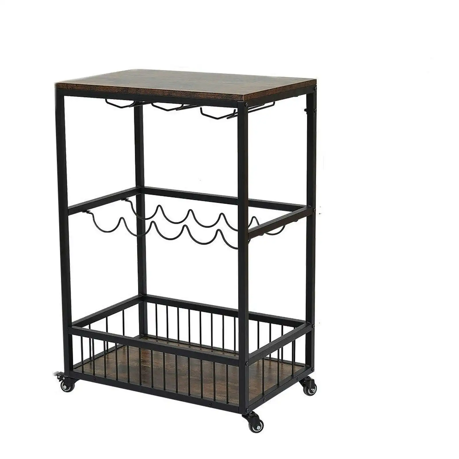 Viviendo Bar Cart & Rolling Drinks Trolley with Wine Rack, lockable wheels, Storage and Wine Glass Holders