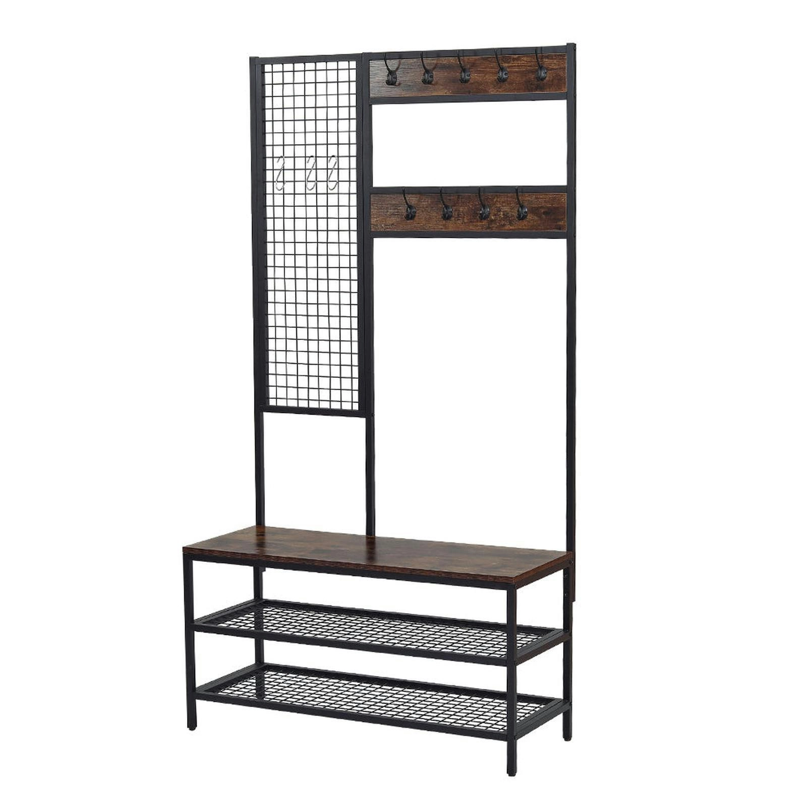 Viviendo Coat Clothes Rack Shoe Storage Bench with Grid Wall and Hooks in Industrial Style