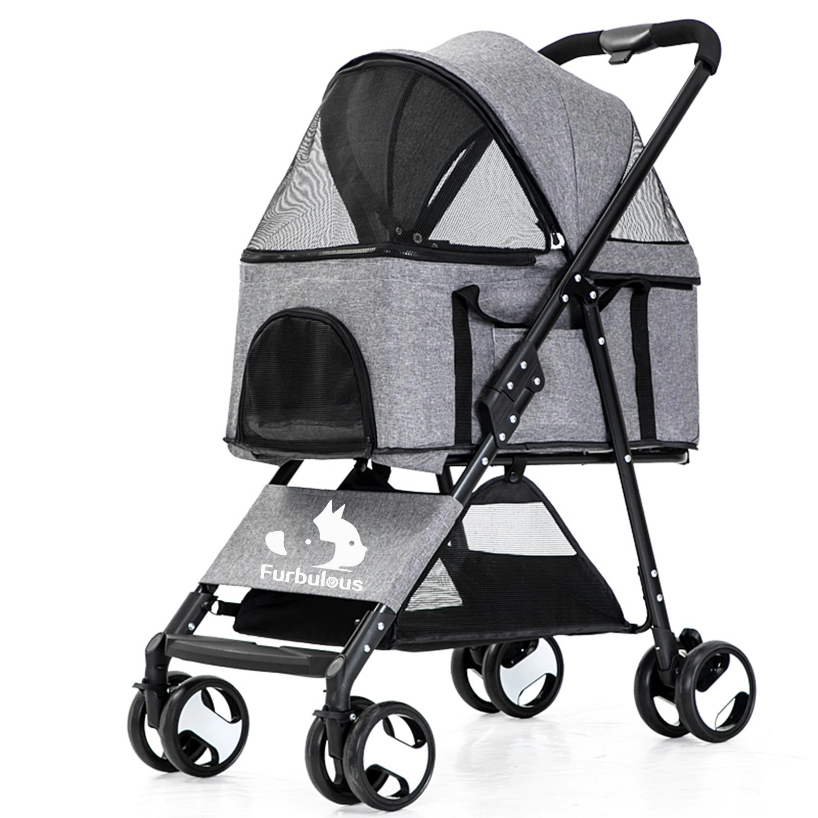 Furbulous Pet Dog Stroller Pram Cat Carrier Large Travel Pushchair Foldable 4 Wheels with Detachable Basket - Grey