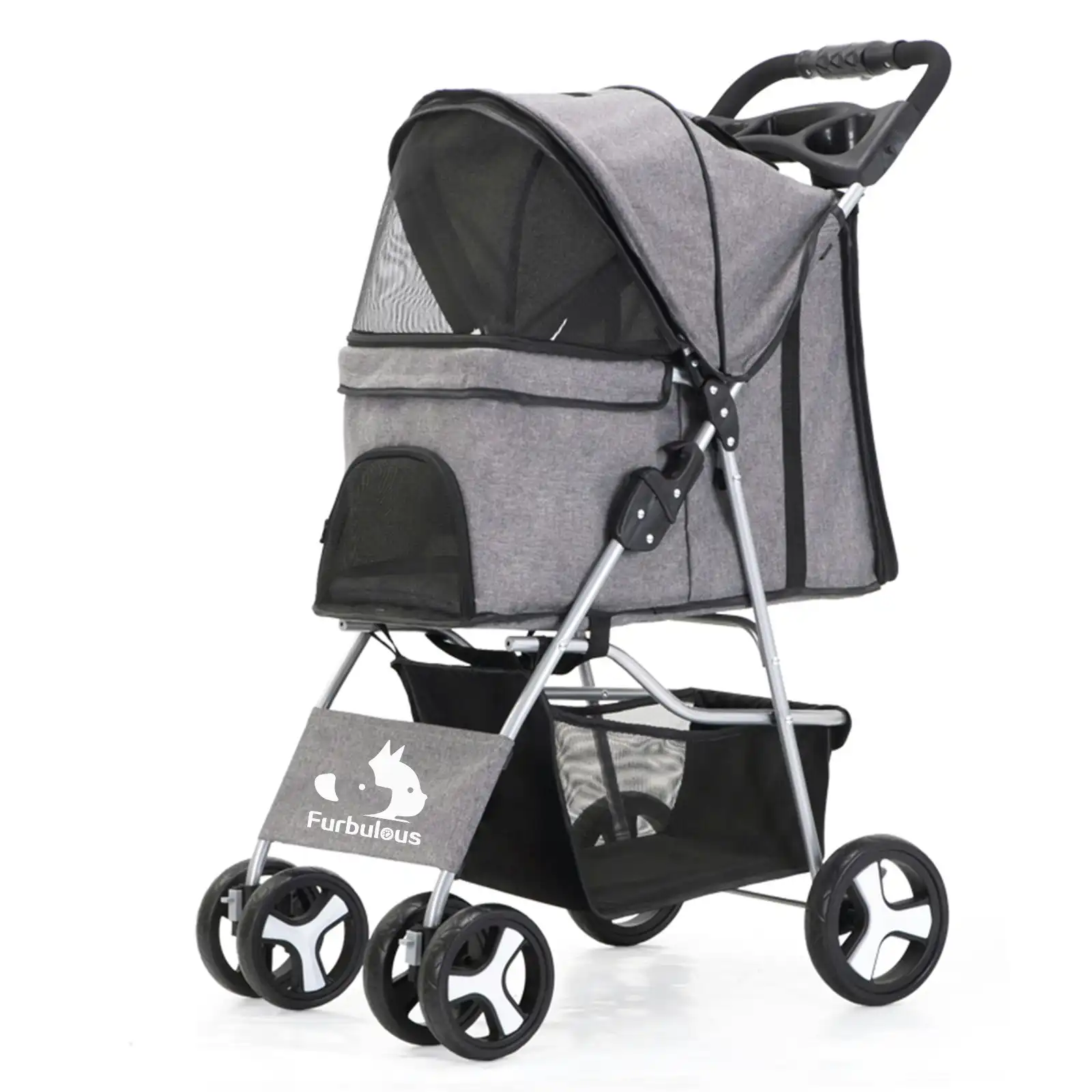 Furbulous Pet Stroller 4 Wheel Foldable Dog Pram Large Cat Travel Carrier - Grey