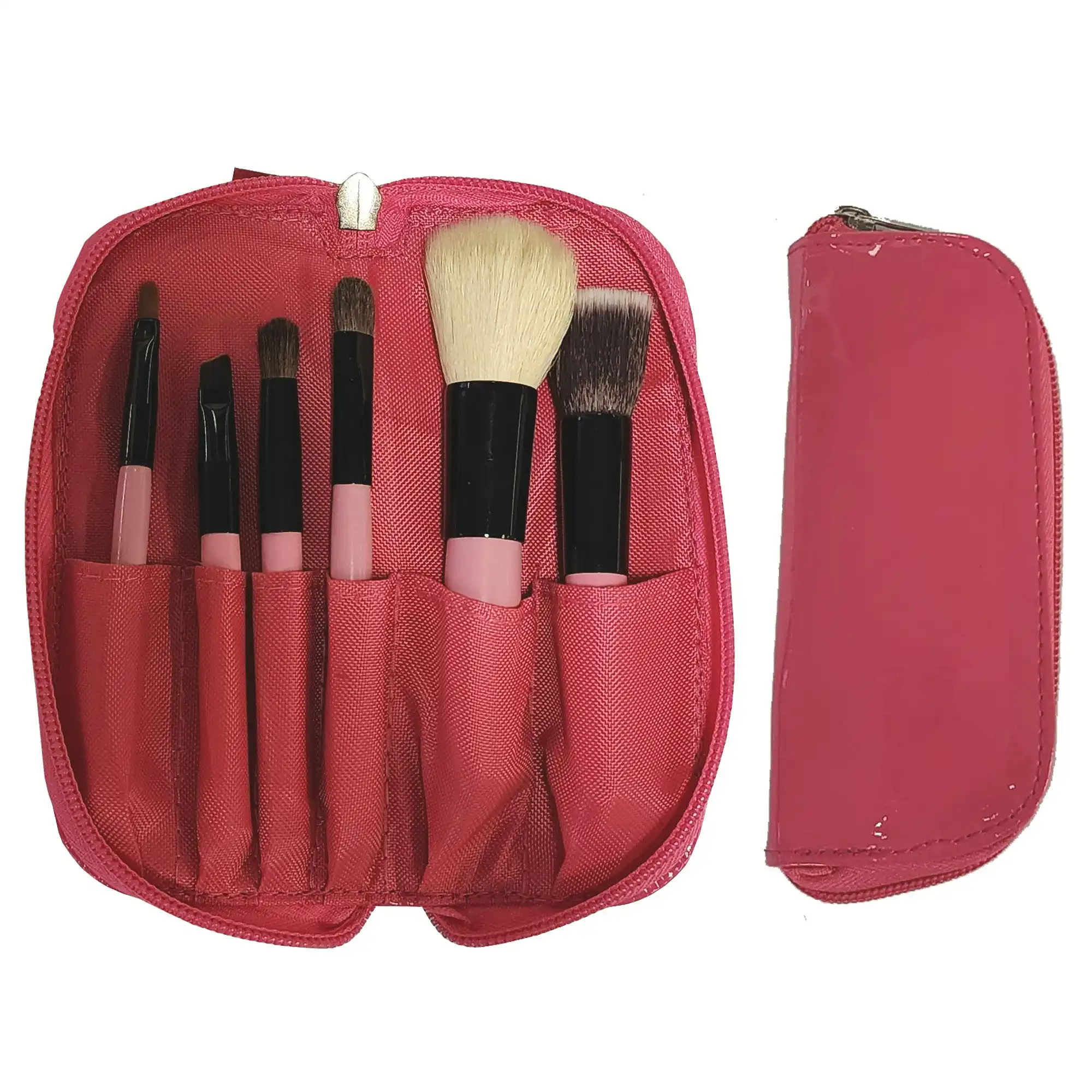 6 Piece Travel Makeup Brush Set Soft Bristle with Zip Up Carry Case Pink