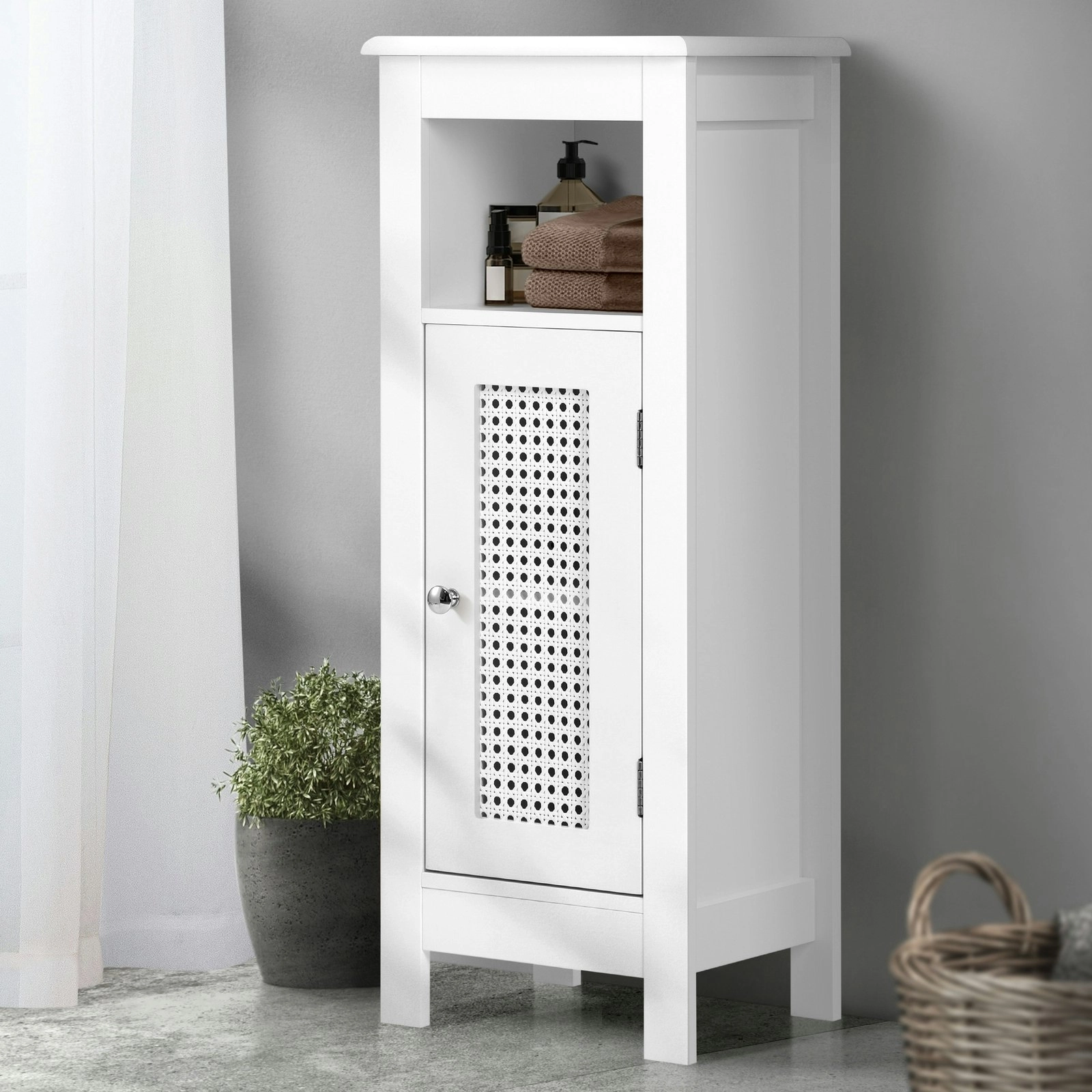 Oikiture Storage Cabinet Floor Cupboard Slim Laundry Bathroom Rattan Door White