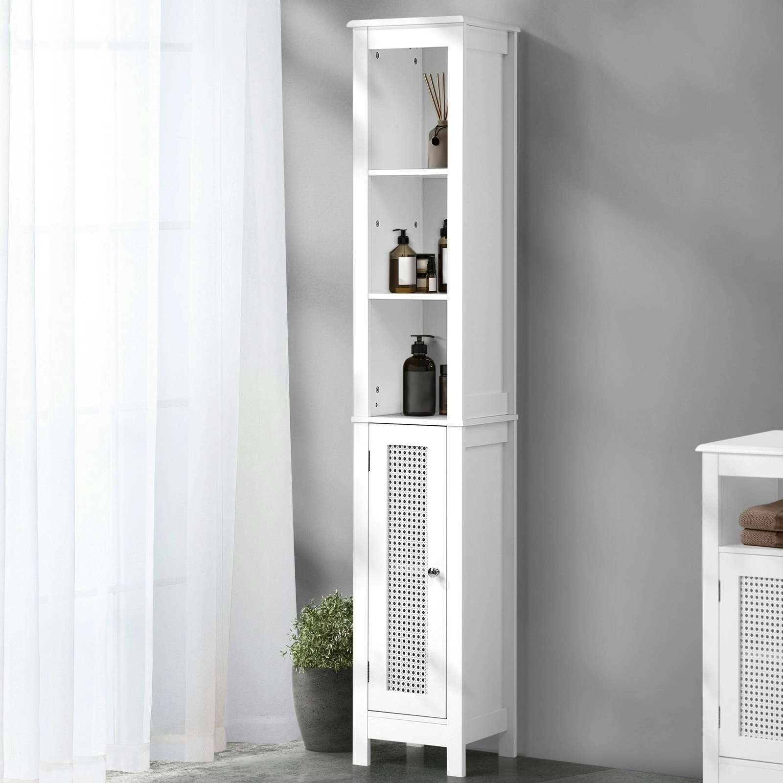 Oikiture Storage Cabinet Tall Slim Cupboard Bathroom Laundry Rattan Door White