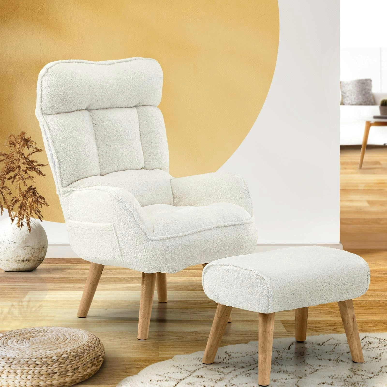 Oikiture Swivel Recliner Armchair Lounge Ottoman Accent Chair With Stool Sherpa White