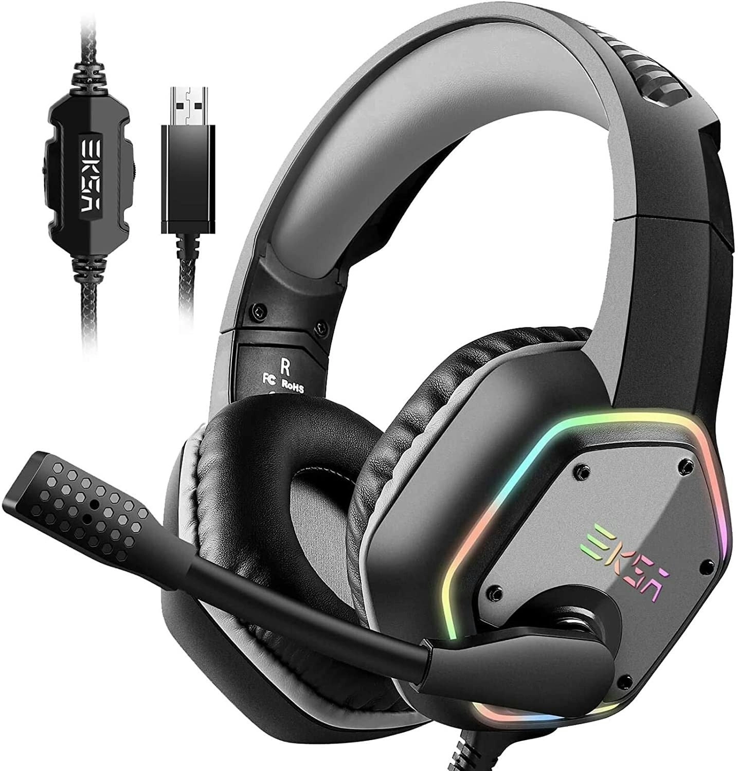 EKSA E1000 USB Gaming Headset for PC - Computer Headphones with Microphone/Mic Noise Cancelling, 7.1 Surround Sound Wired Headset&RGB Light - Gaming H