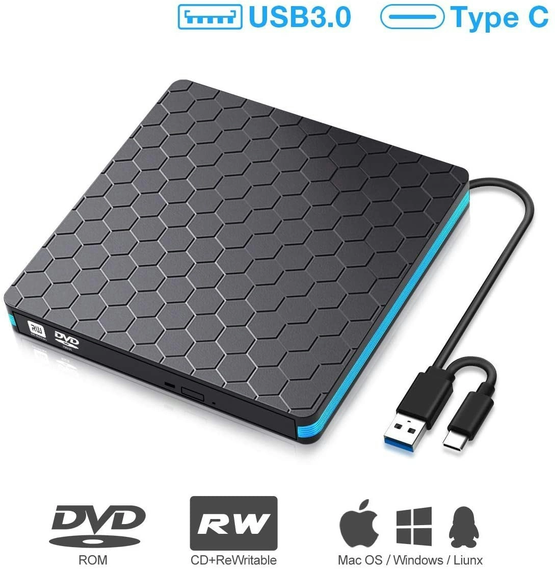 M WAY External DVD Drive, USB 3.0 Type C CD Drive, Dual Port DVD-RW Player, Portable Optical Burner Writer Rewriter, High Speed Data Transfer for Lapt