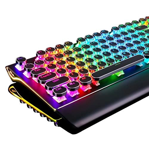 RK ROYAL KLUDGE Typewriter Style Mechanical Gaming Keyboard with True RGB Backlit Collapsible Wrist Rest 108-Key Blue Switch Retro Round Keycap, Black