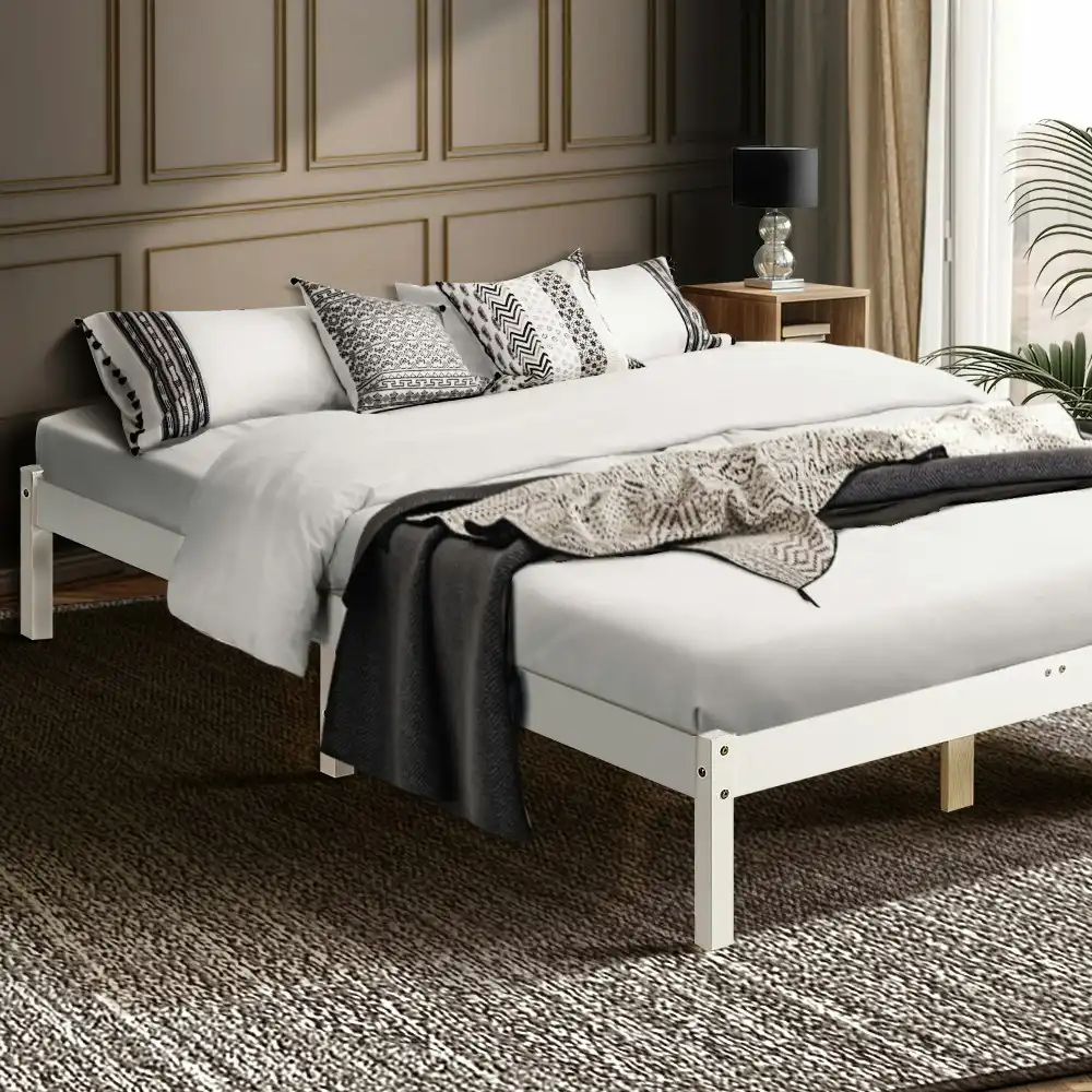 Furb Bed Frame Wooden Solid Pine Wood Bed Base Mattress Queen White