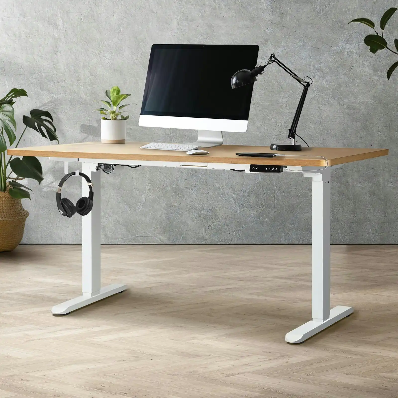 Oikiture 160cm Electric Standing Desk Single Motor Height Adjustable Motorised Sit Stand Desk Rise OAK