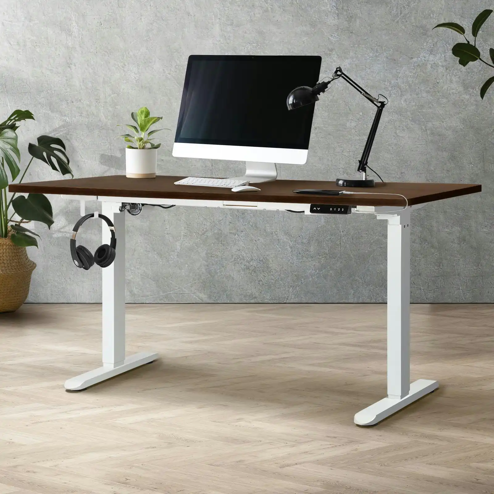 Oikiture 160cm Electric Standing Desk Single Motor Height Adjustable Motorised Sit Stand Desk Rise Walnut