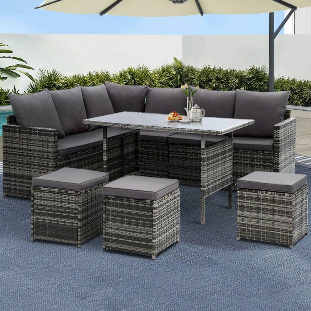 Gardeon Outdoor Dining Set Sofa Lounge Setting Chairs Table Ottoman Lawn Grey