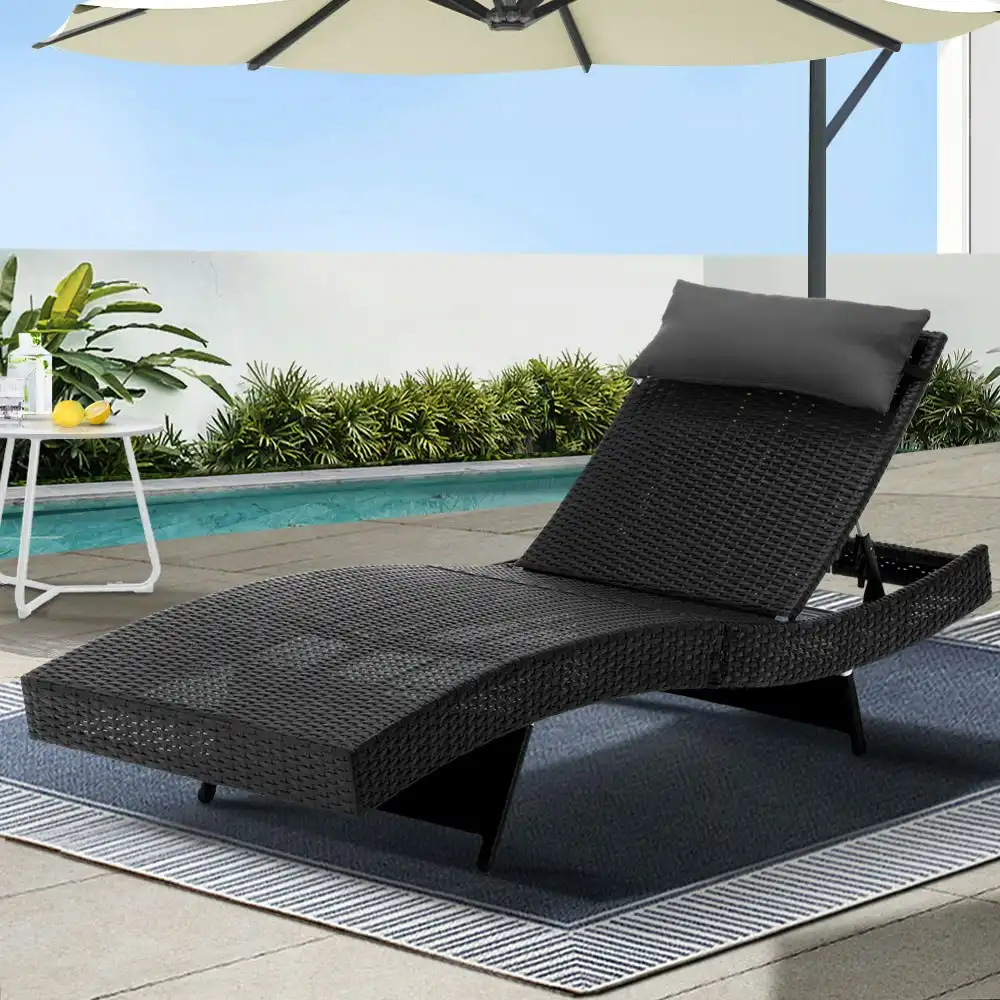 Gardeon Sun Lounge Wicker Lounger Outdoor Furniture Beach Chair Garden Adjustable Black