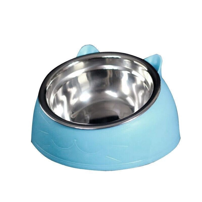 Pet Dog Cat Food Bowl Raised No Slip Stainless Steel Tilted Water Food Feeder