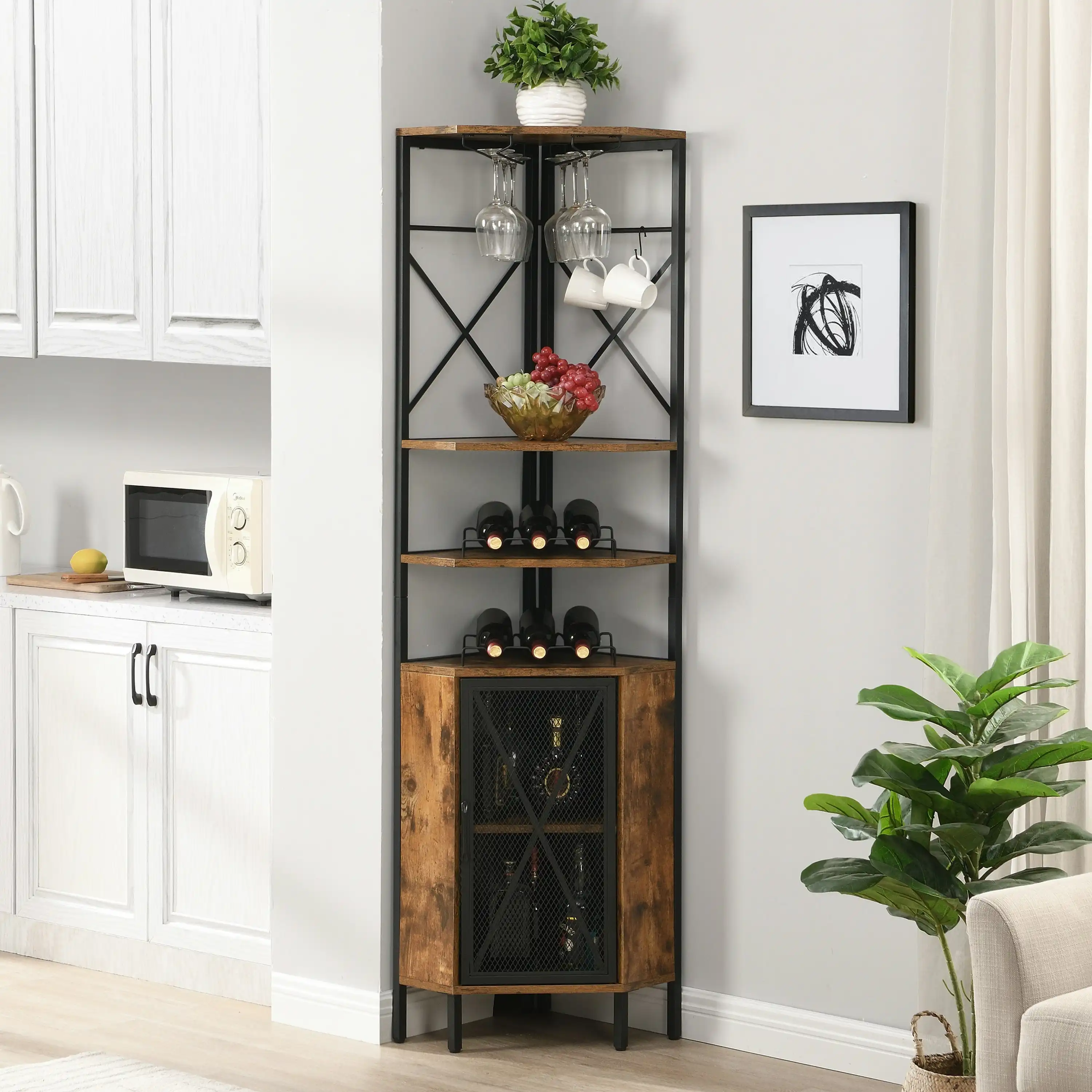 IHOMDEC 6-Tier Multifunctional Pentagon Corner Shelf with Storage Cabinet Rustic Dark Brown