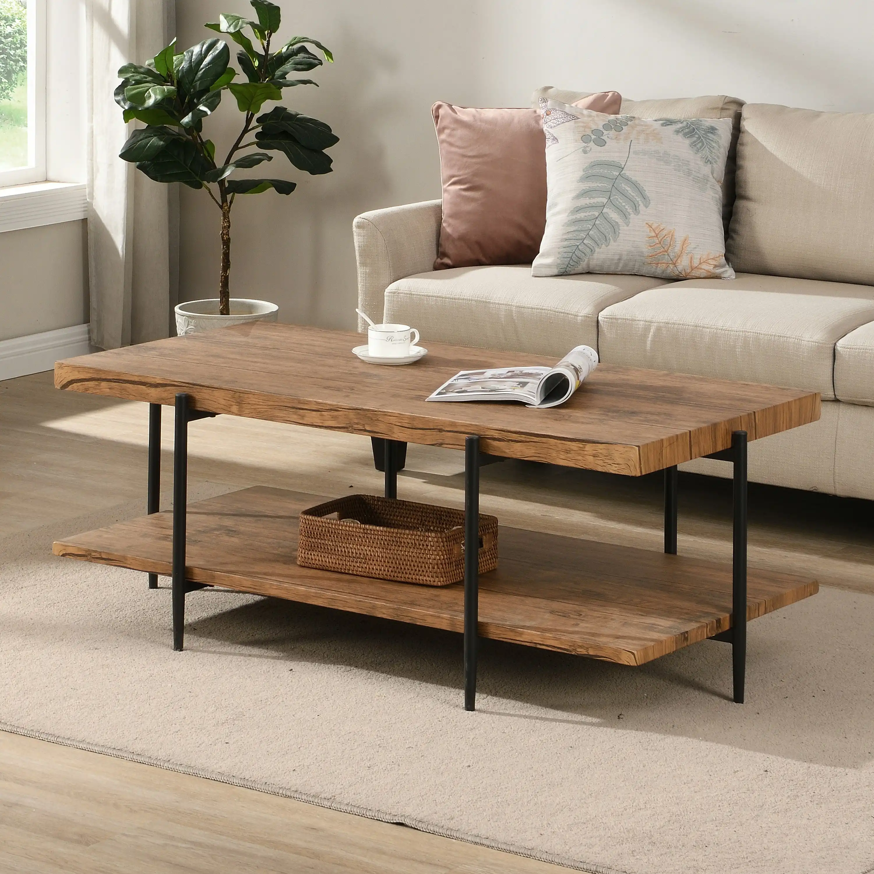 IHOMDEC Extra Long 2-Tier Coffee Table 125cmW Rustic Dark Brown