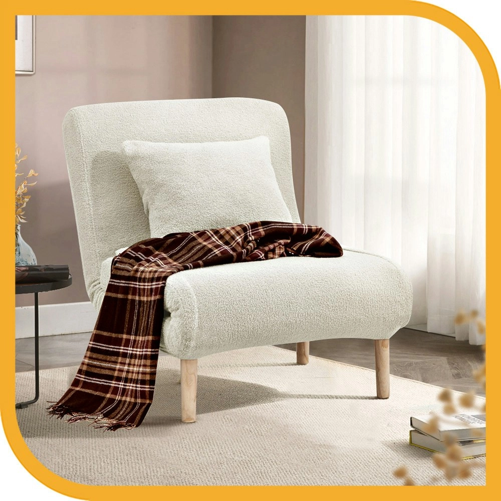 Furb Sofa Bed Lounge Chair Sherpa Fabric Folding Recliner Wood Leg Single Beige