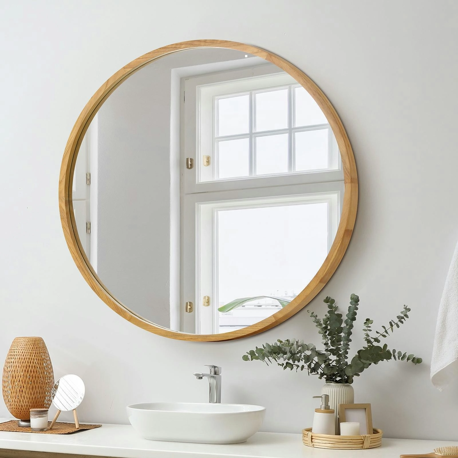 Oikiture Wall Mirrors Round Makeup Mirror Vanity Home Decorative Wooden 80cm