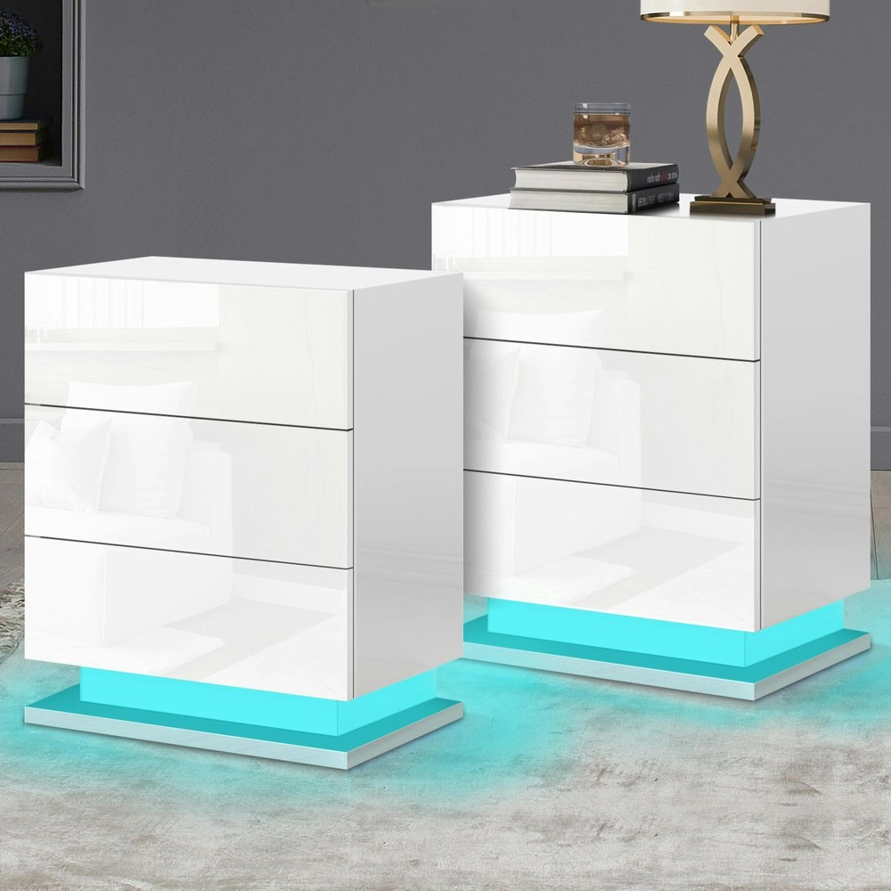 Alfordson 2x Bedside Table Gloss LED White