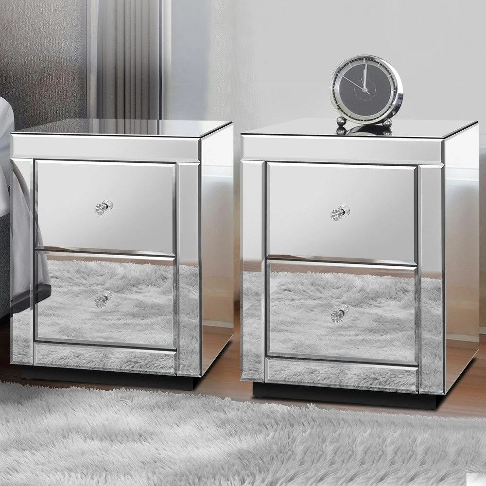 Alfordson 2x Bedside Table Mirrored Silver