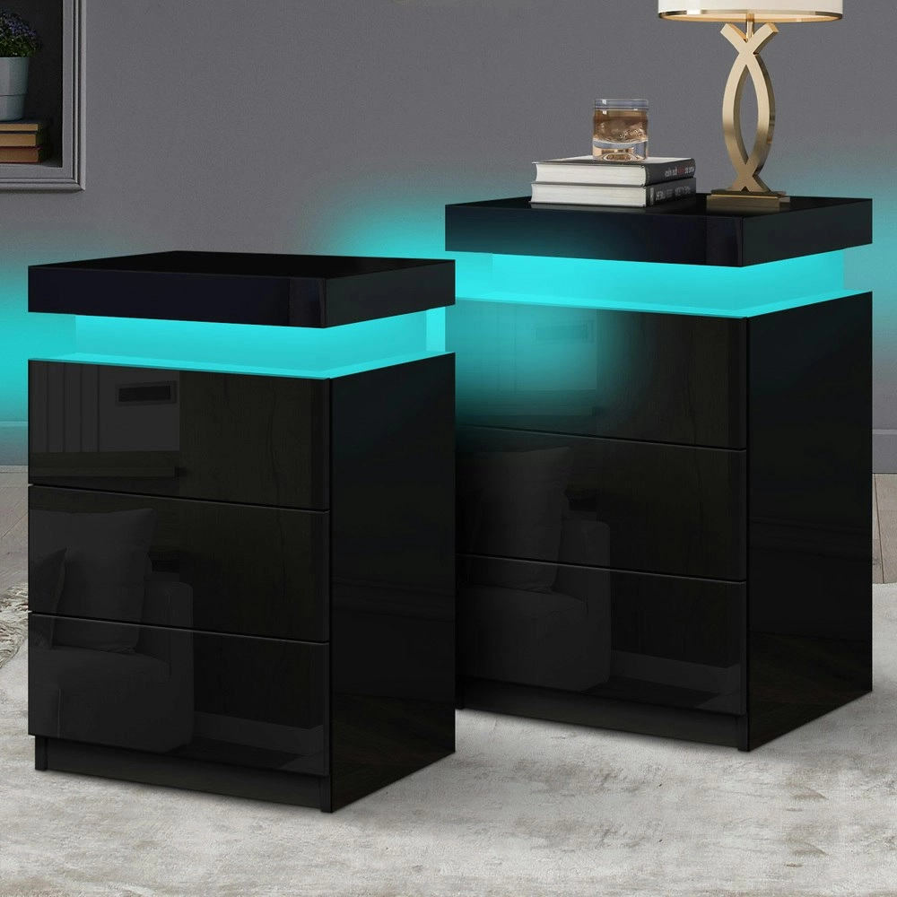 Alfordson 2x Bedside Table LED Black Gloss