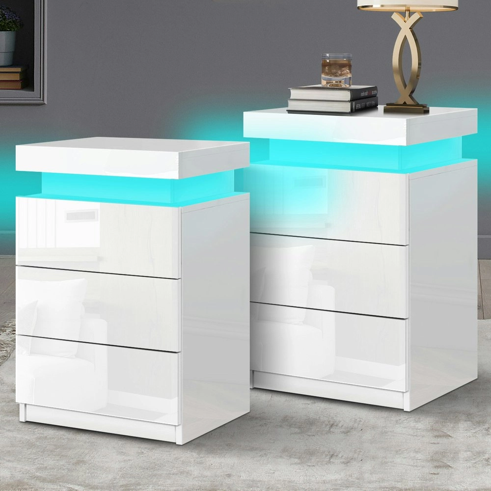 Alfordson 2x Bedside Table LED White Gloss