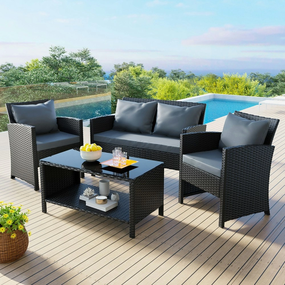 Alfordson Outdoor Furniture 4PCS Patio Wicker Set Pillows Black