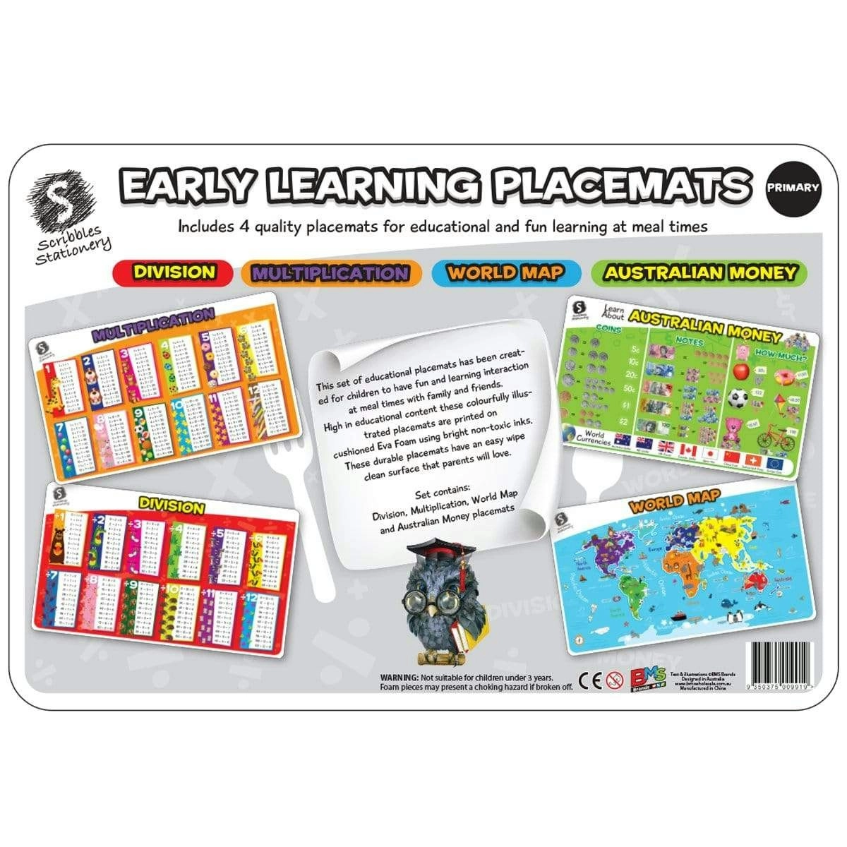 Scribbles Stationery Primary Early Learning Educational Placemats 4 Pack