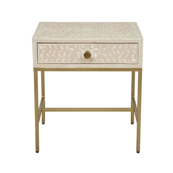 Zohi Interiors Bone Inlay Lorelle Bedside Table with Brass Legs in Blush