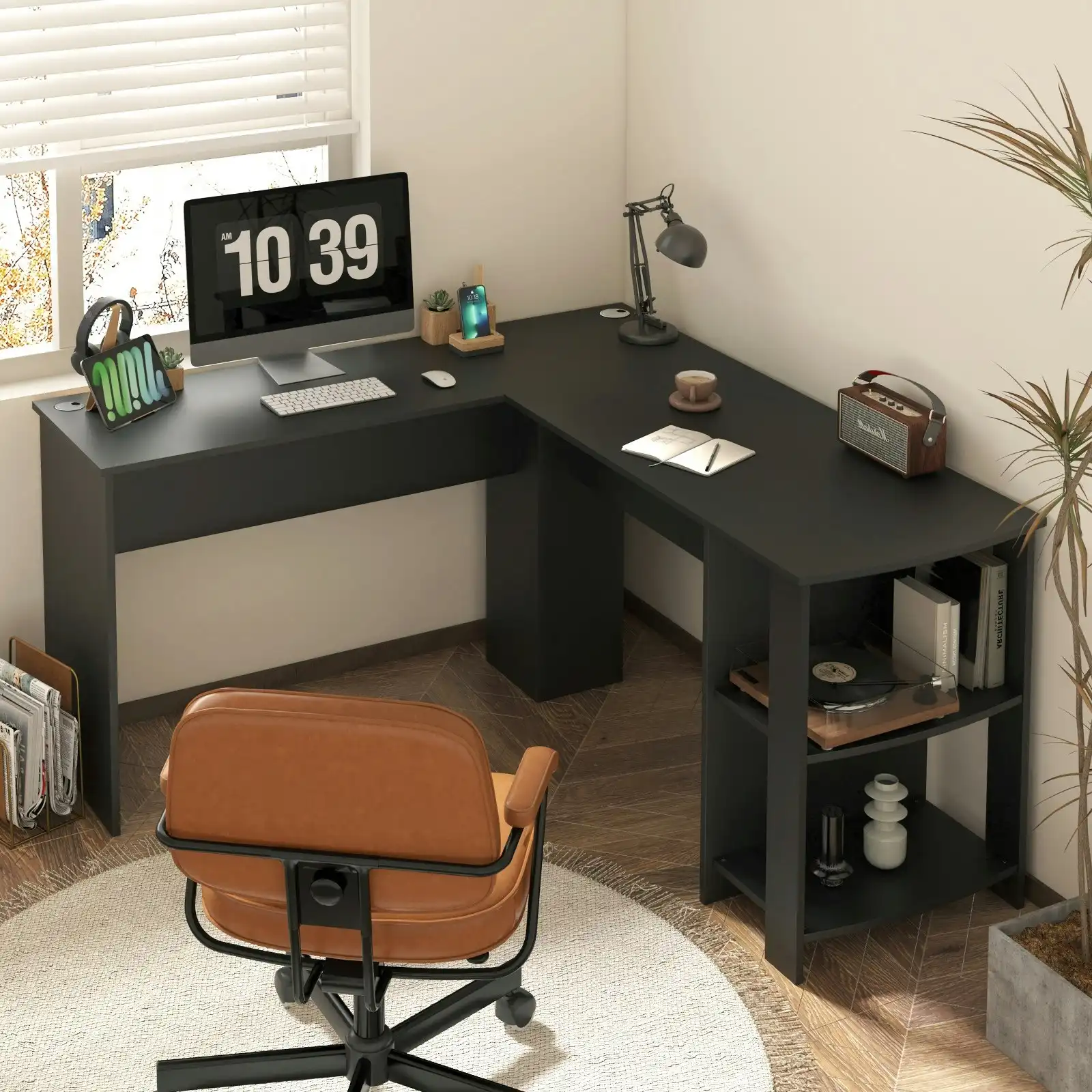 Oikiture L-shape Computer Desk Home Office Writing Desk w/ Storage Shelves Black