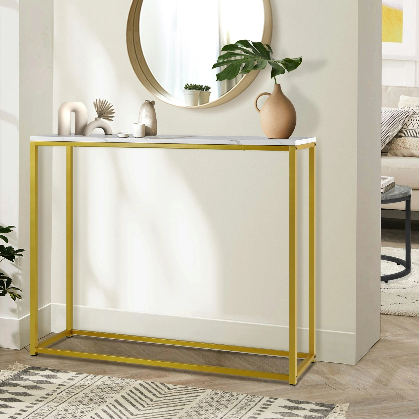 Oikiture Console Table Marble-look Iron Hallway Desk Entry Display Gold&White