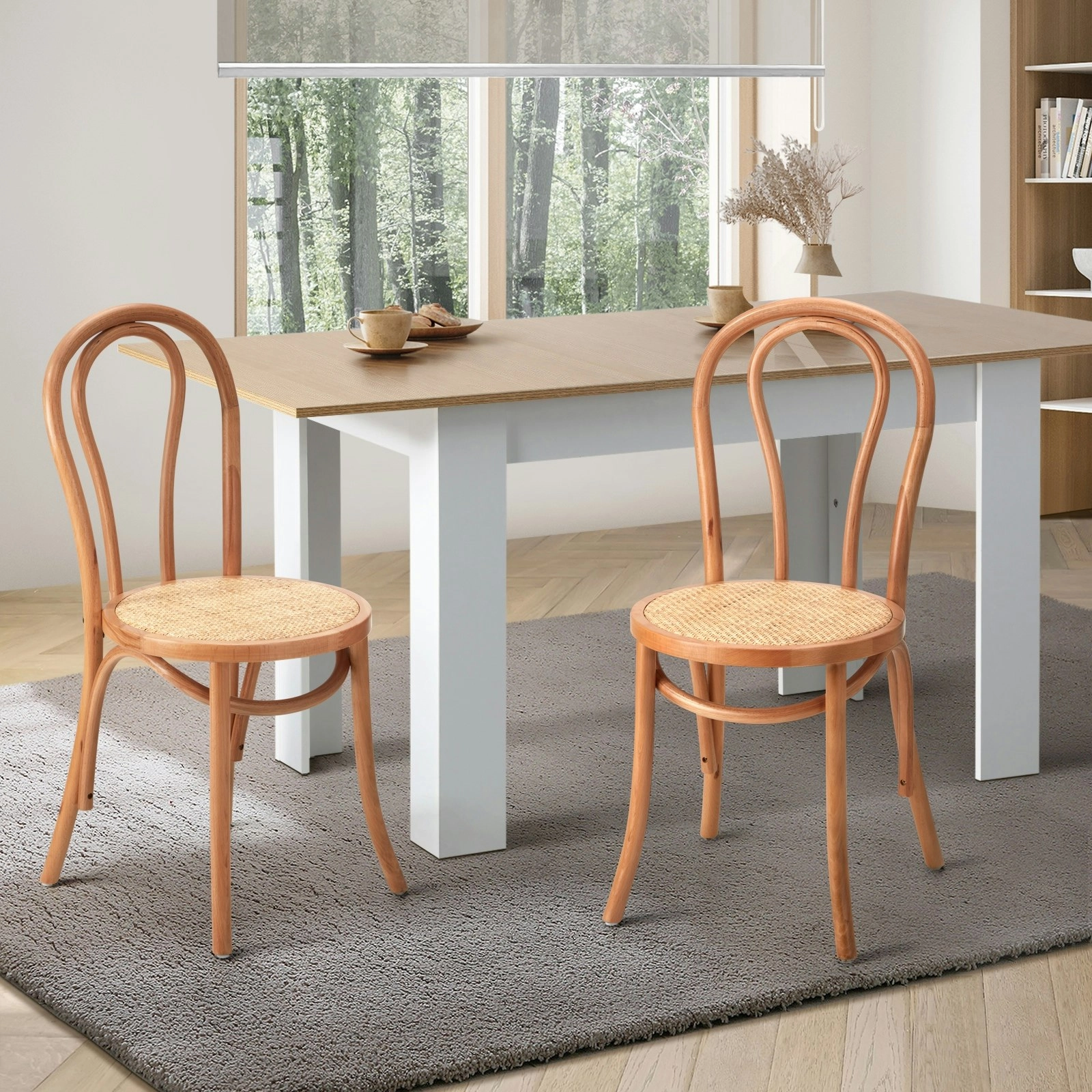 Oikiture 2PCS Dining Chair Solid Wooden Chairs Ratan Seat Beige