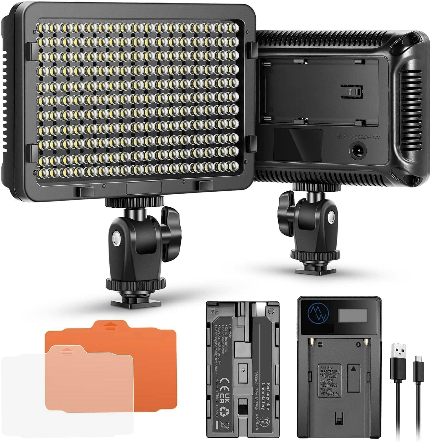 176 LED Video Light 5600K Camera Light Panel, 2600mAh Battery, USB Charger for DSLR Cameras