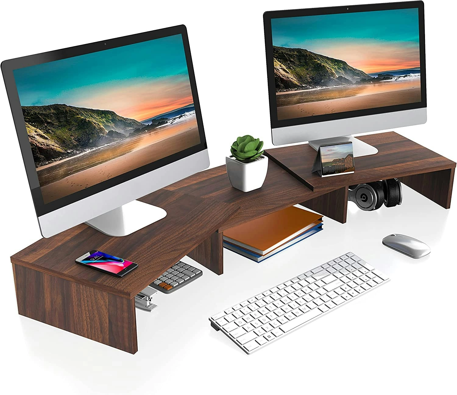 3 x Adjustable Computer monitor stand riser (Walnut Brown)