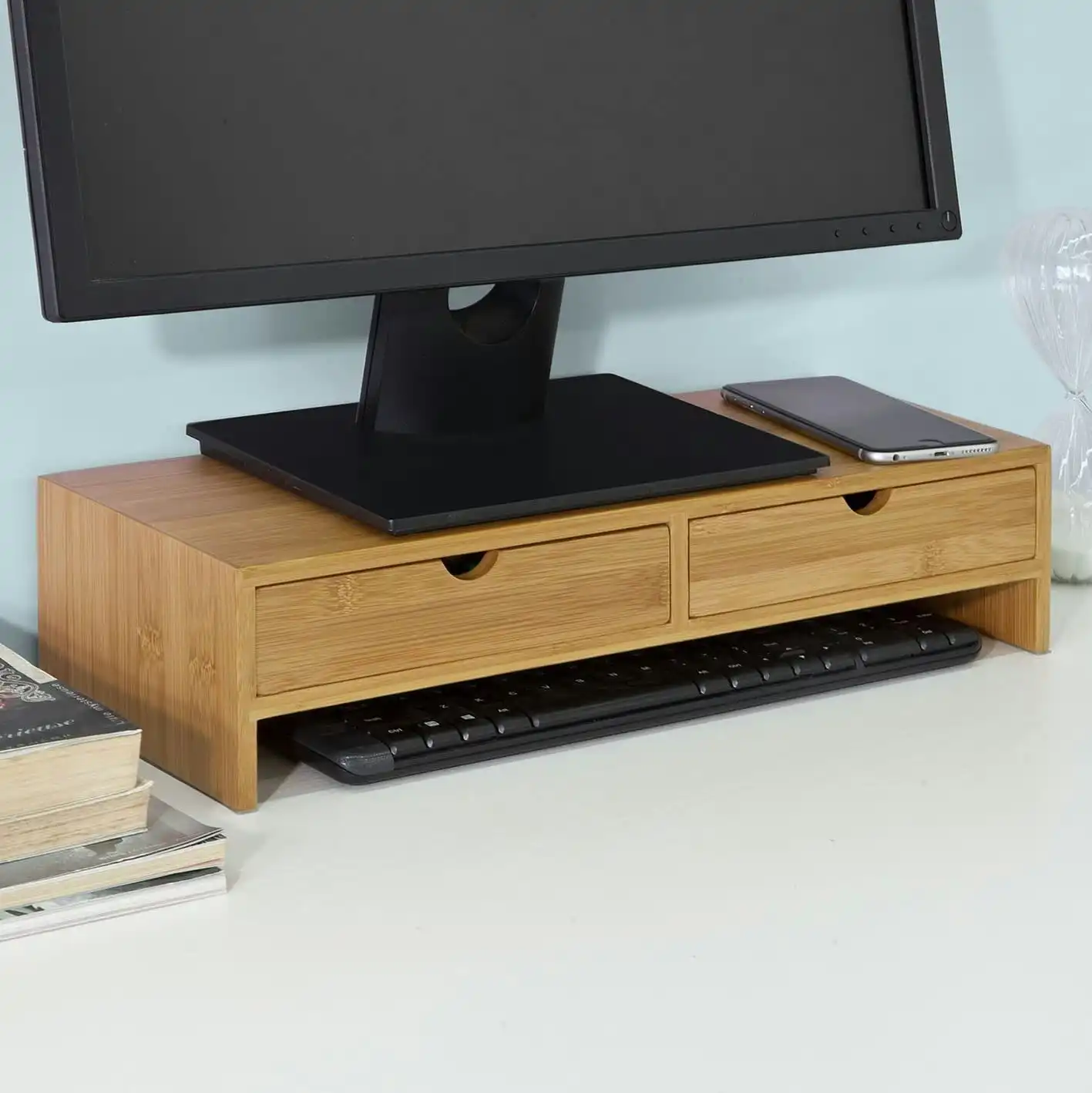 VIKUS Bamboo Monitor Stand Desk Organizer with 2 Drawers