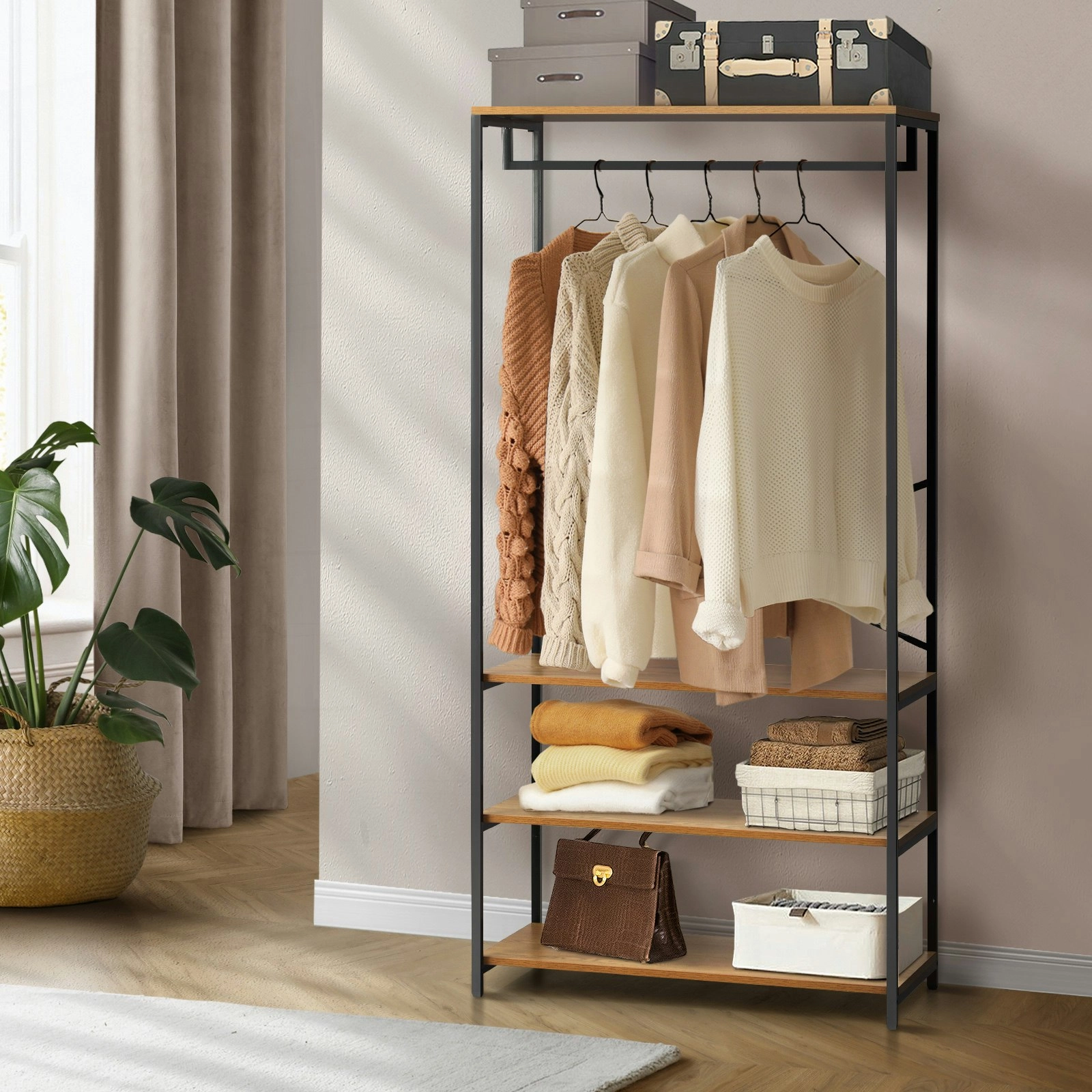 Oikiture Clothes Rack Open Wardrobe Garment Coat Hanging Rail Metal 4 shelves