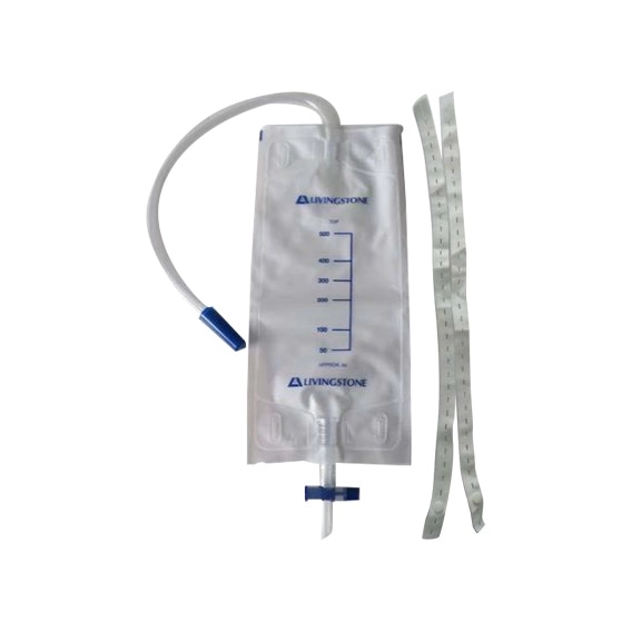 Livingstone Drainage Leg Urine Bag 500ml Graduated 40cm Inlet Tube 56cm Elastic Strap Leg Tie with Bottom Outlet Sterile