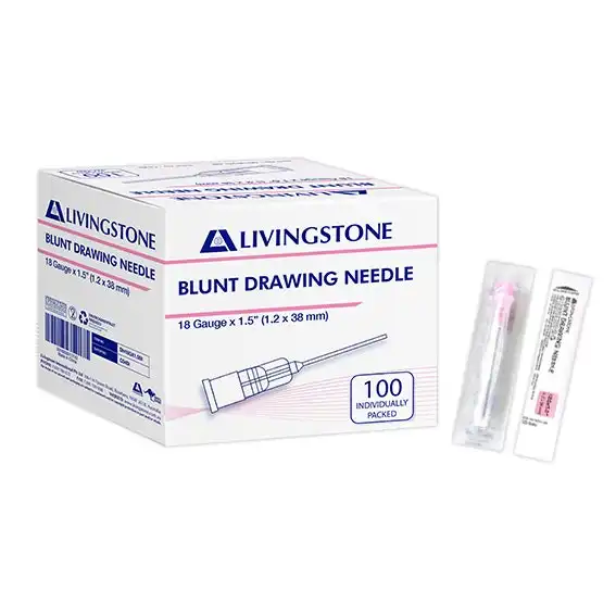 Livingstone Blunt Drawing Needle, 18 Gauge x 1.5 Inches, 38mm, Sterile, 100 Single Blister Packed Needle/Box x102