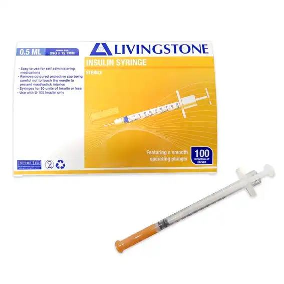 Livingstone Insulin Syringes, 0.5ml, with White Plunger, with Needle 29 Gauge x 0.5 Inch, 12.7mm, Sterile, 100 Pieces/Box x14