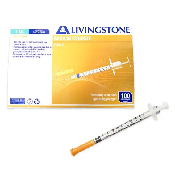 Livingstone Insulin Syringes, 1ml, with White Plunger, with Needle 30 Gauge x 0.32 Inch, 8mm, Sterile, 100 Pieces/Box x14